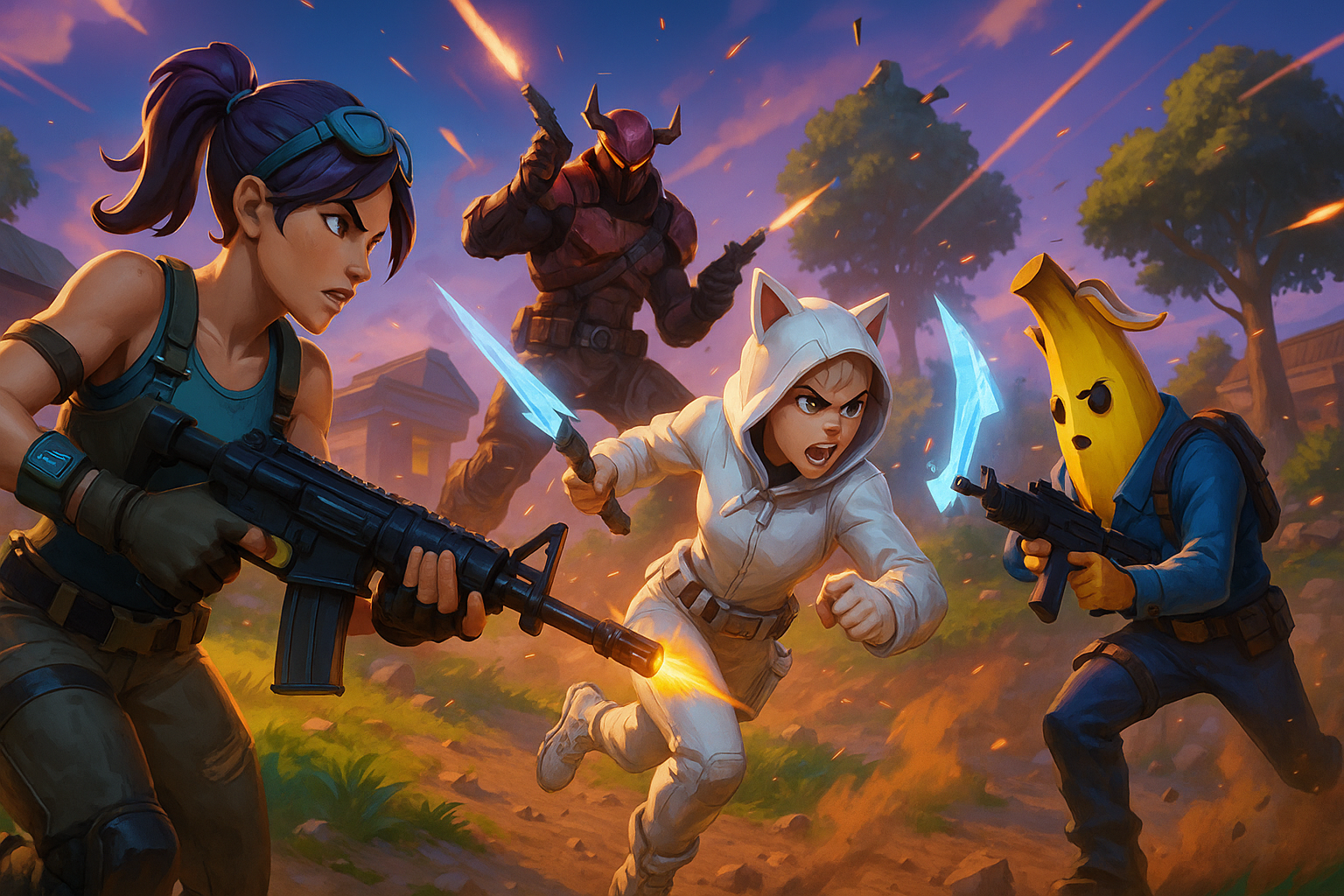 Personajes de Fortnite en plena batalla en un entorno animado y colorido, con armas y acción en movimiento