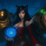 Campeones Blitzcrank, Ahri y Singed de League of Legends en un fondo tecnológico azul, sin texto, estilo para portada de e-sports