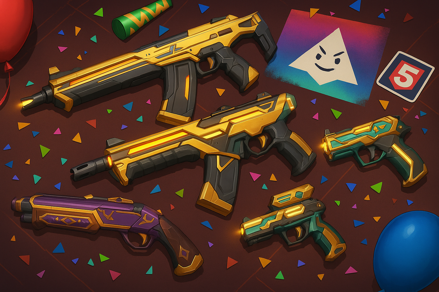 Recompensas del pase de batalla de VALORANT con armas temáticas y confeti de celebración por el quinto aniversario