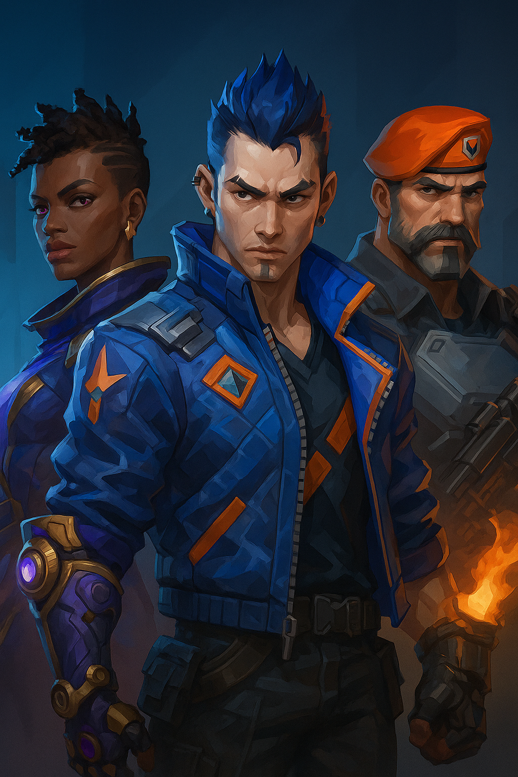 Ilustración de los agentes Astra, Yoru y Brimstone listos para la batalla en VALORANT