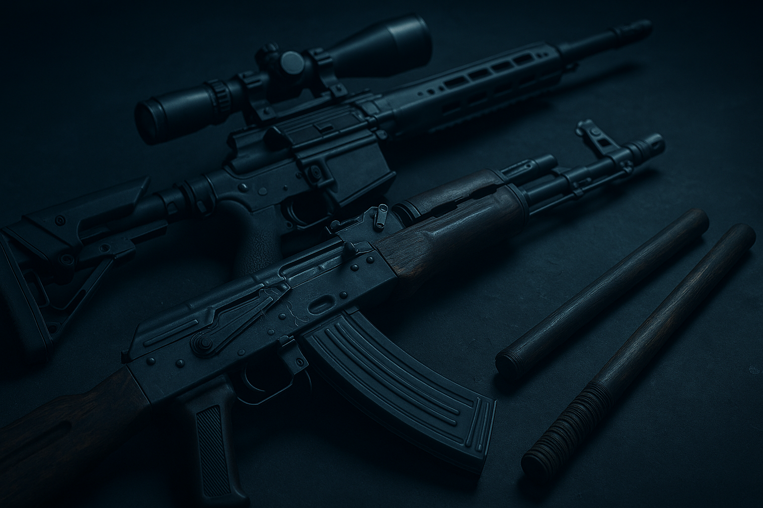 Armas destacadas de Warzone: fusiles tácticos y Kali Sticks sobre una superficie oscura, iluminadas con estilo.