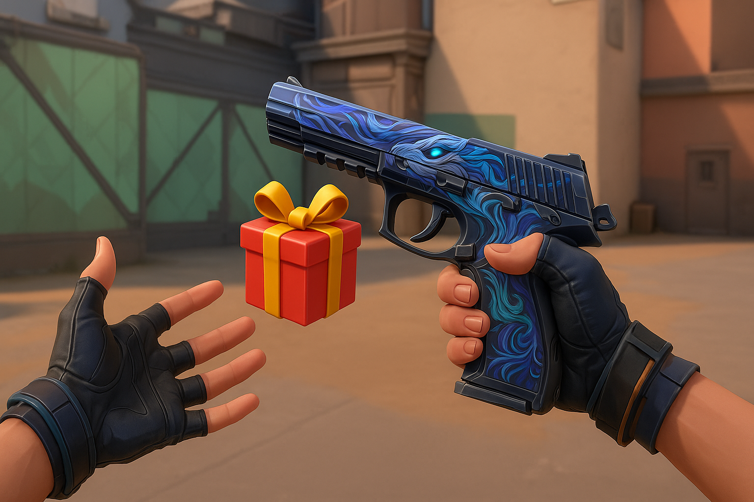 Mano entregando una skin de arma como regalo en VALORANT durante partida en zona urbana.