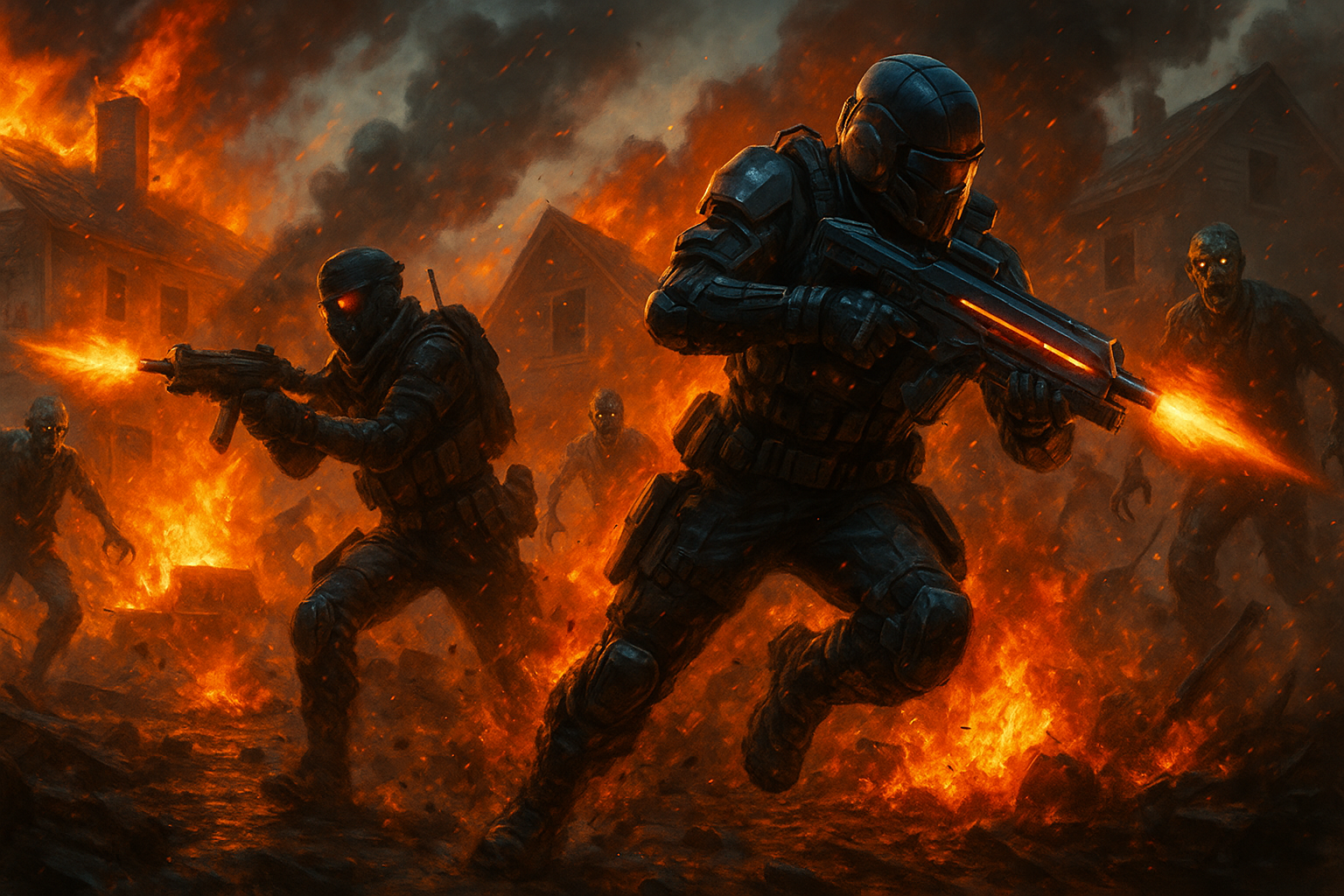 Soldados futuristas enfrentan zombis en una ciudad en ruinas envuelta en fuego, escena de acción intensa de Black Ops 6.