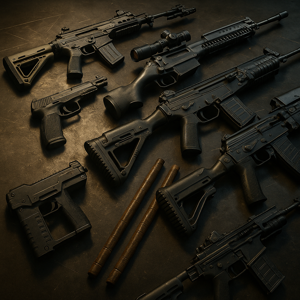 Imagen de armas destacadas de Black Ops 6 temporada 3 Reloaded sobre una superficie metálica, incluyendo rifles de asalto, francotirador, subfusiles y armas cuerpo a cuerpo.