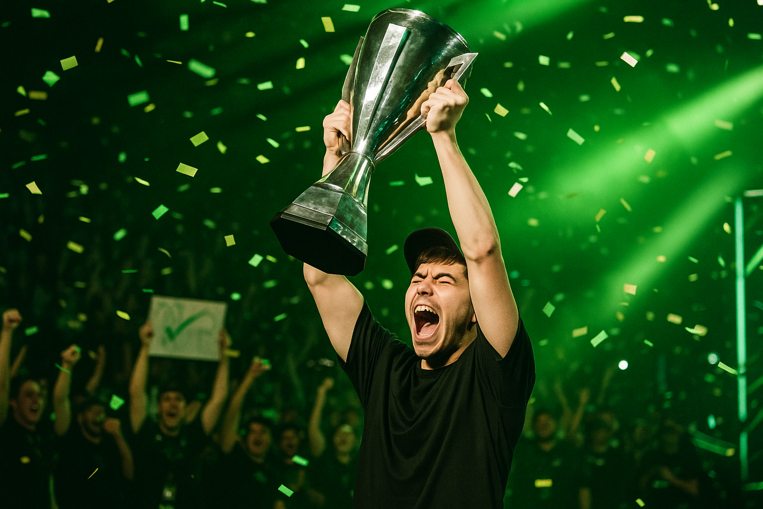 Jugador de Call of Duty levantando trofeo en final de campeonato