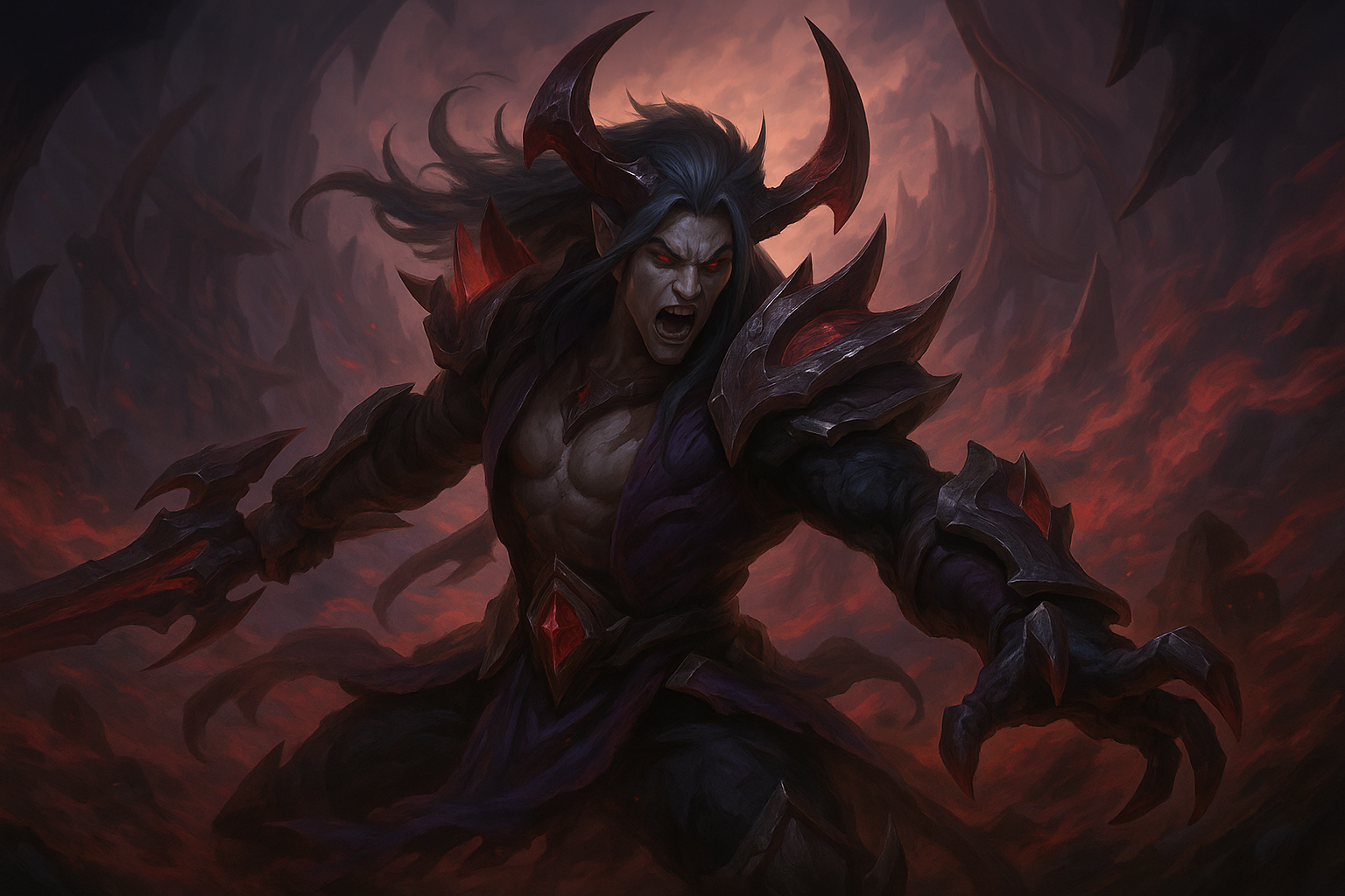 Guerrero demoníaco en LoL rodeado de niebla oscura y energía roja