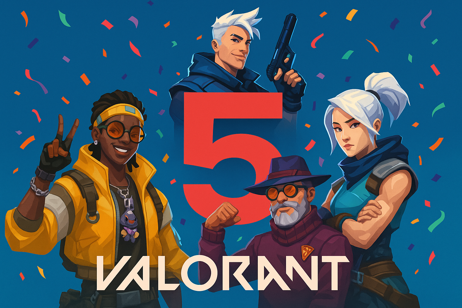 Ilustración de aniversario 5 años de VALORANT con agentes y confeti