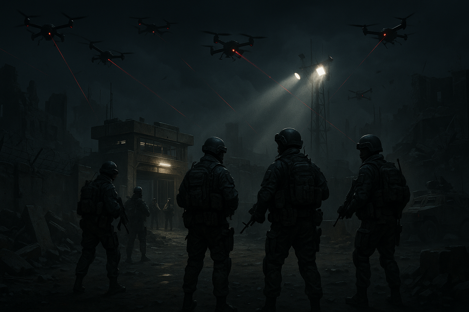 Base militar iluminada antes del asalto con soldados tácticos y drones