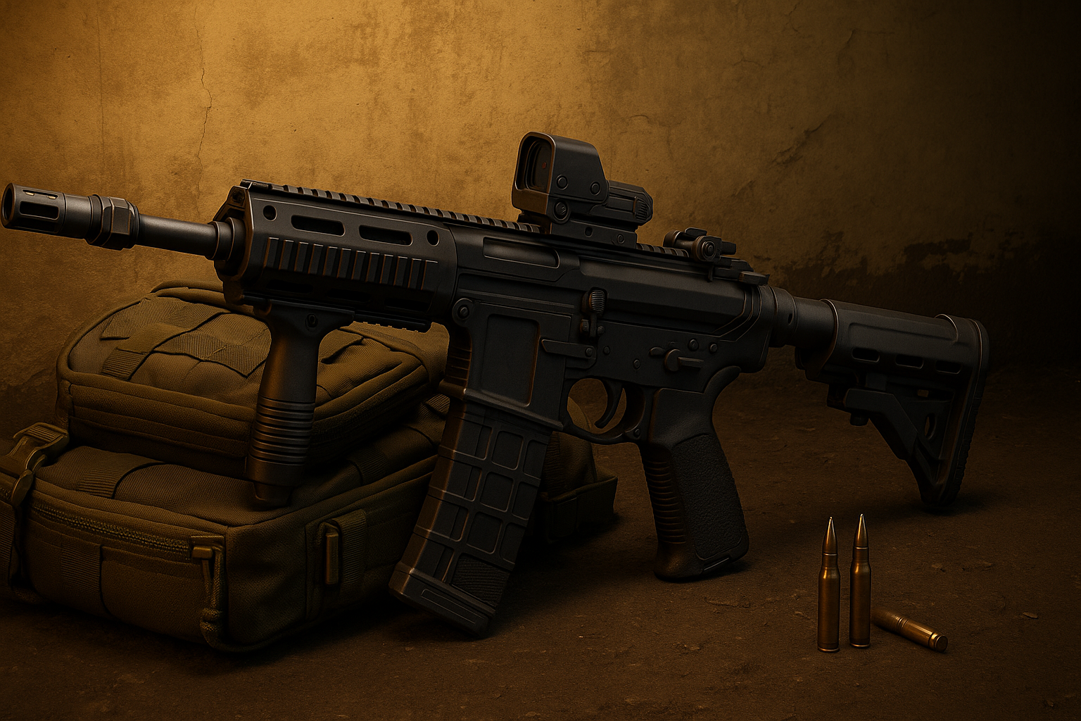 Rifle FFAR 1 apoyado sobre mochila táctica con balas en el suelo, ambientado en estilo militar para gamers chilenos.