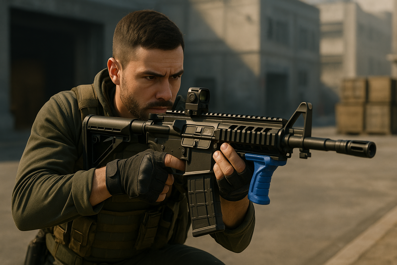 Soldado apuntando con fusil táctico equipado con G-Grip azul en entorno urbano