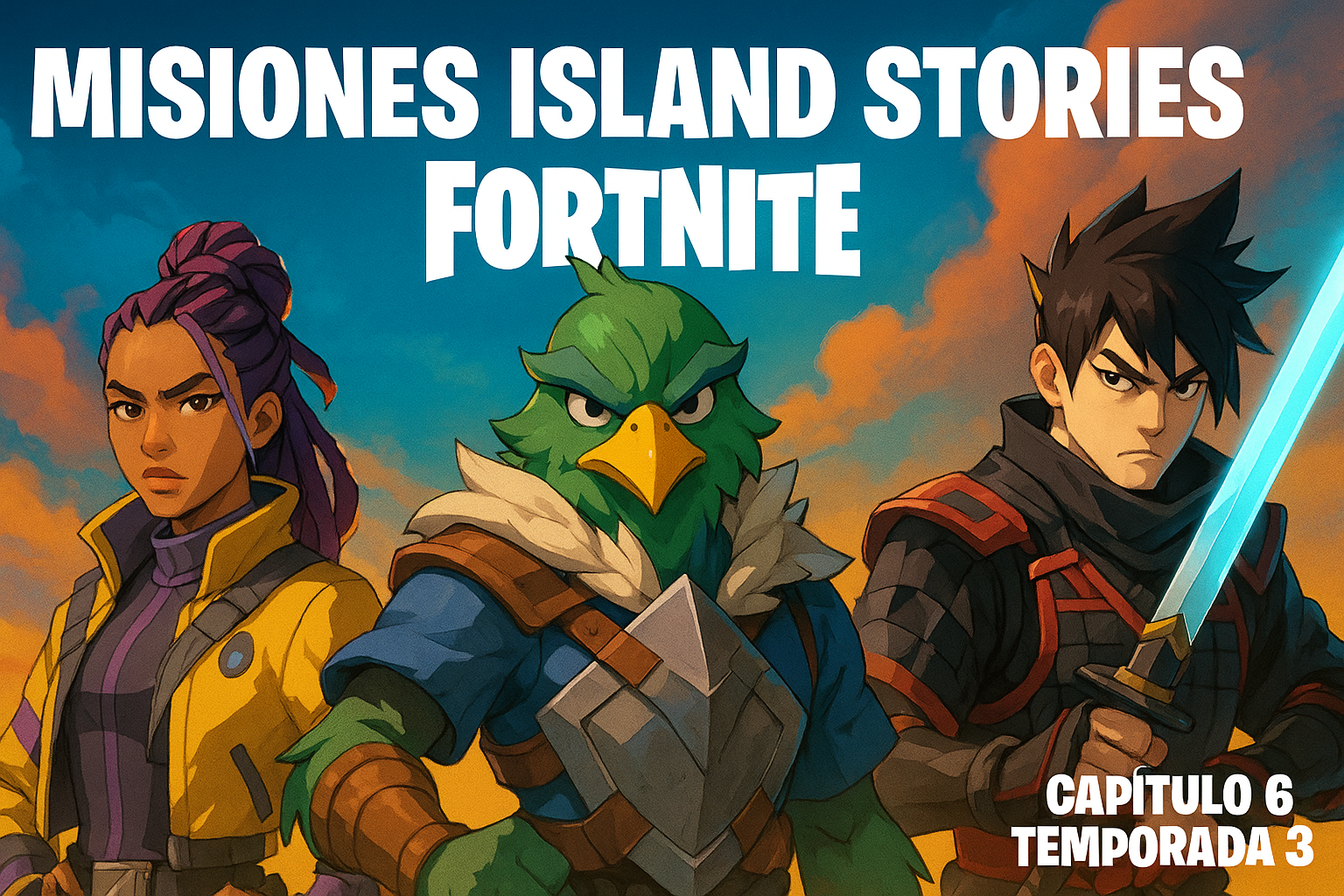 Personajes de Fortnite listos para las misiones de la temporada en un paisaje vibrante
