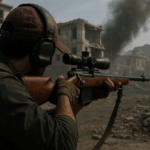 Soldado apunta con rifle Essex en zona de combate destruida en Warzone