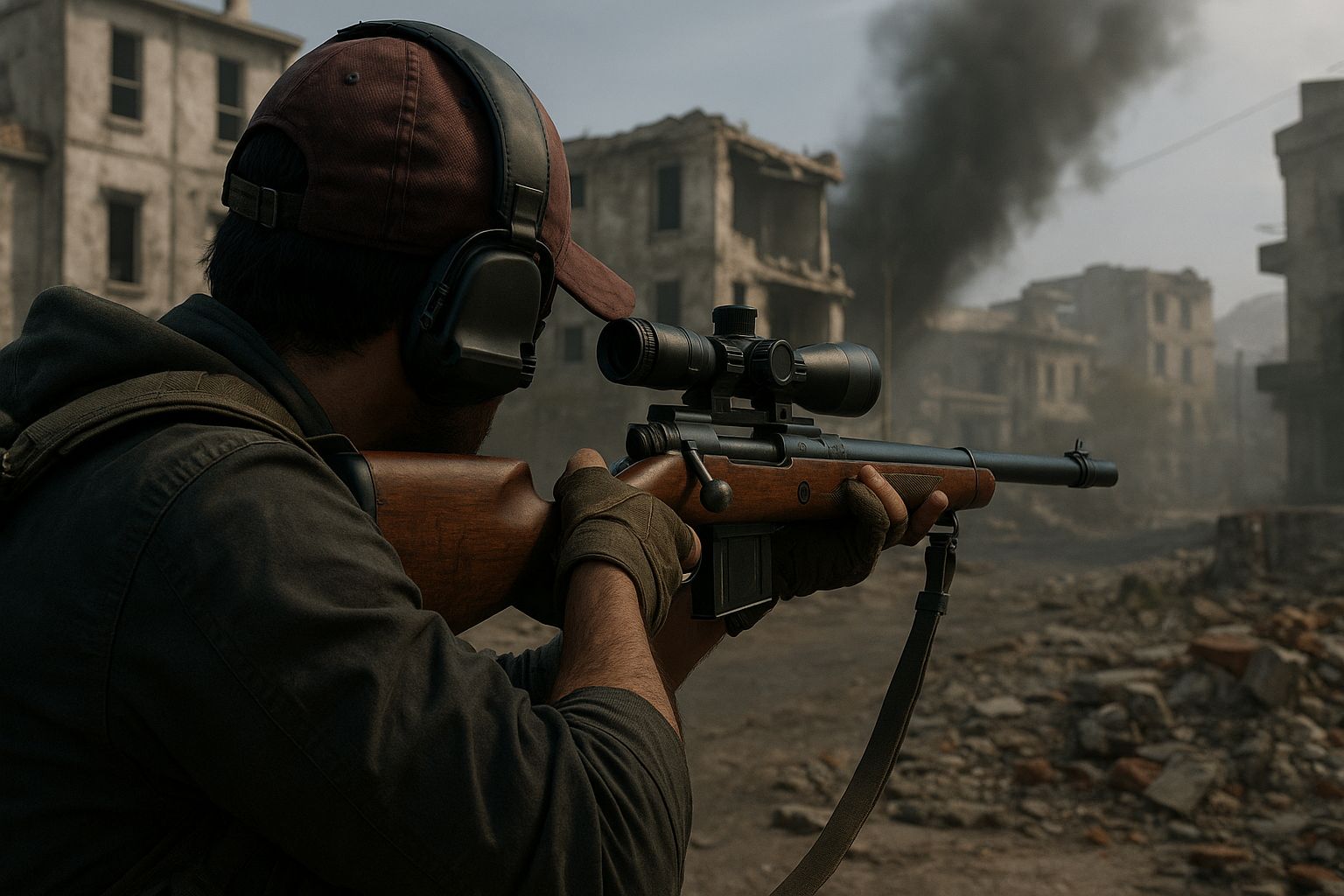 Soldado apunta con rifle Essex en zona de combate destruida en Warzone