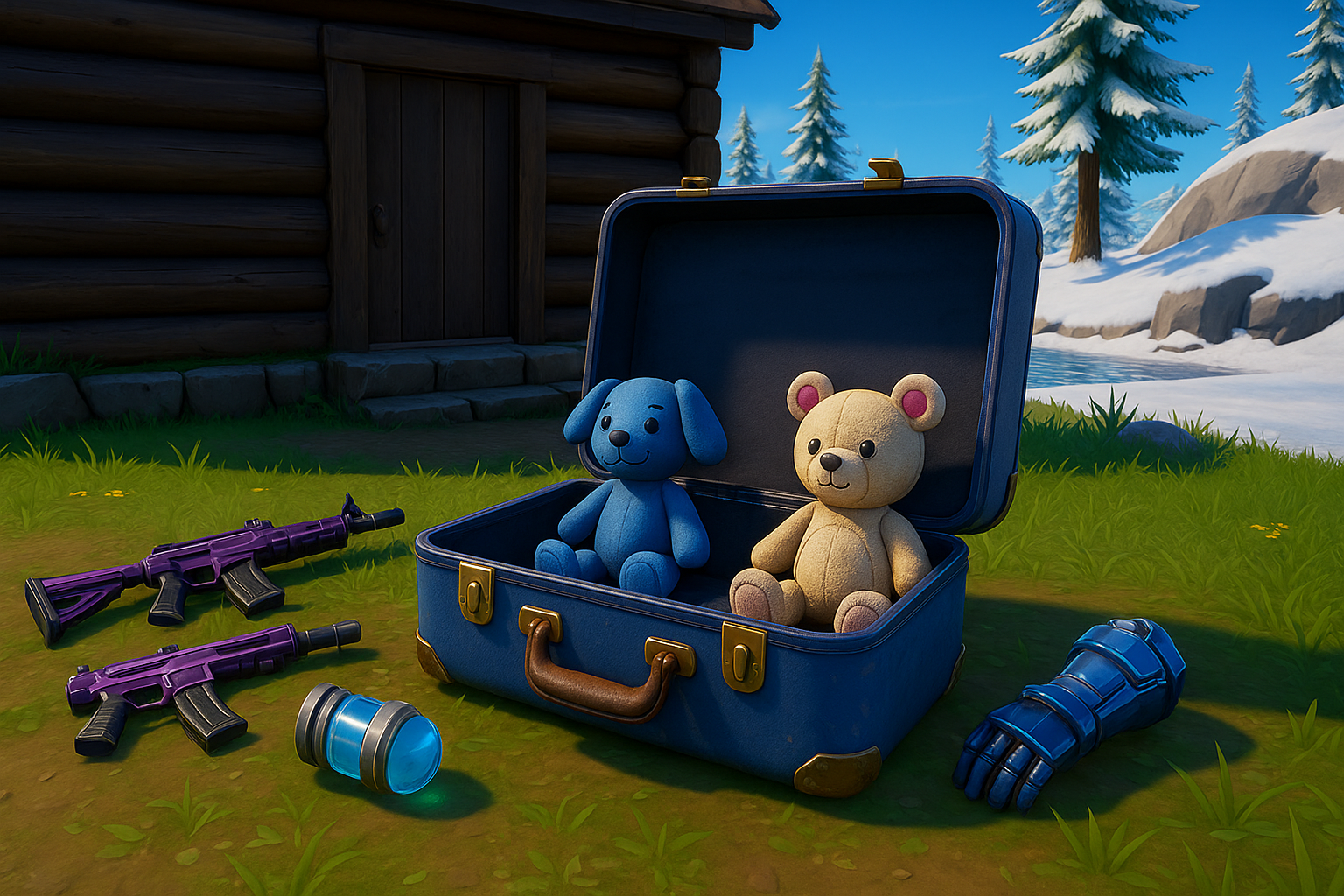 Maleta abierta con peluches y loot frente a cabaña en Fortnite