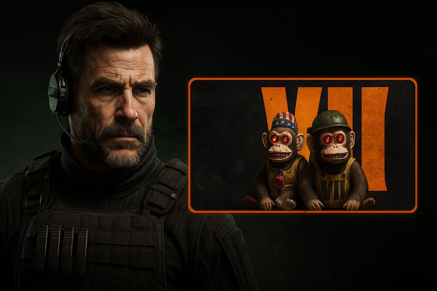 Soldado de Black Ops 7 junto a tarjeta de presentación exclusiva con monos bomba