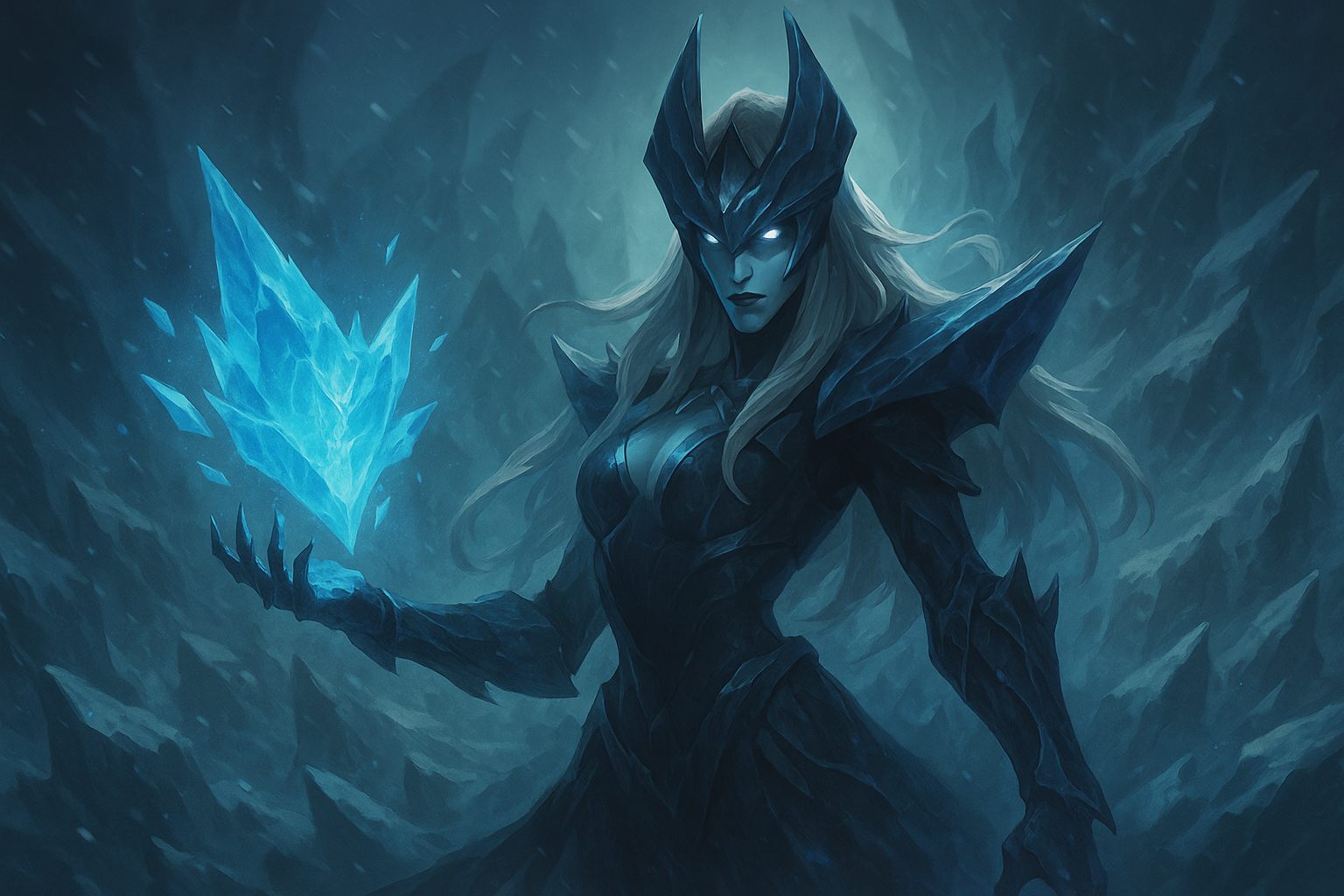 Lissandra en un paisaje helado con fragmento de hielo flotante