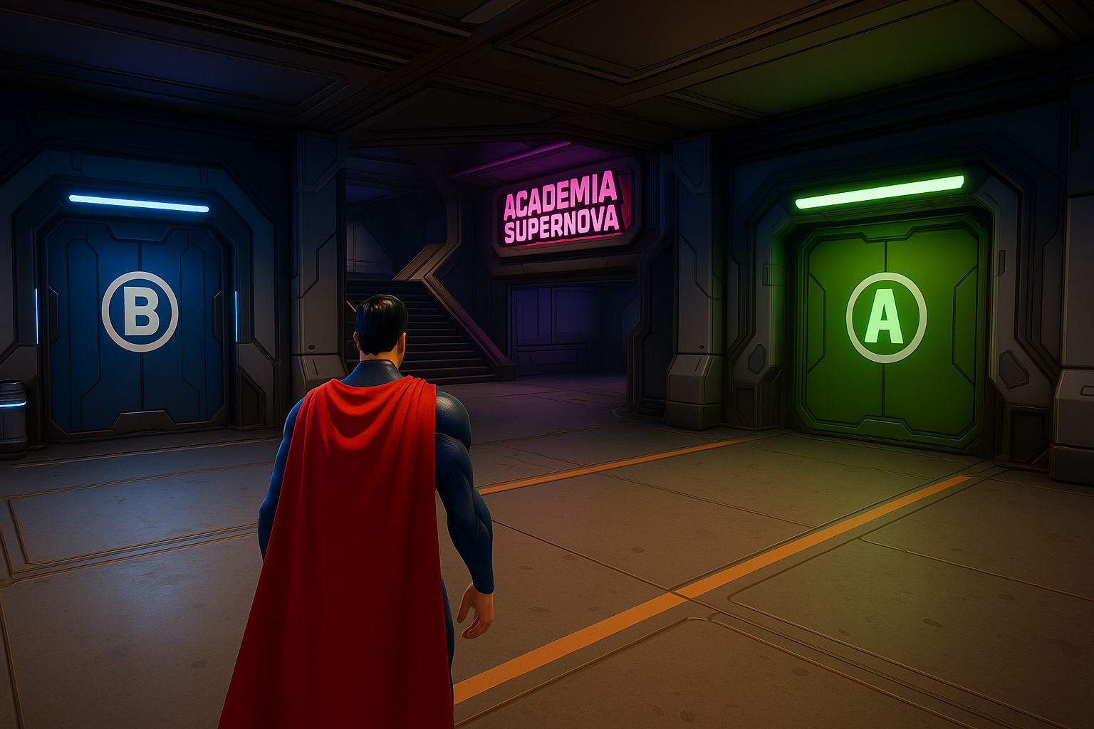 Superman frente a puertas bloqueadas A y B dentro de la Academia Supernova en Fortnite, con estética futurista.