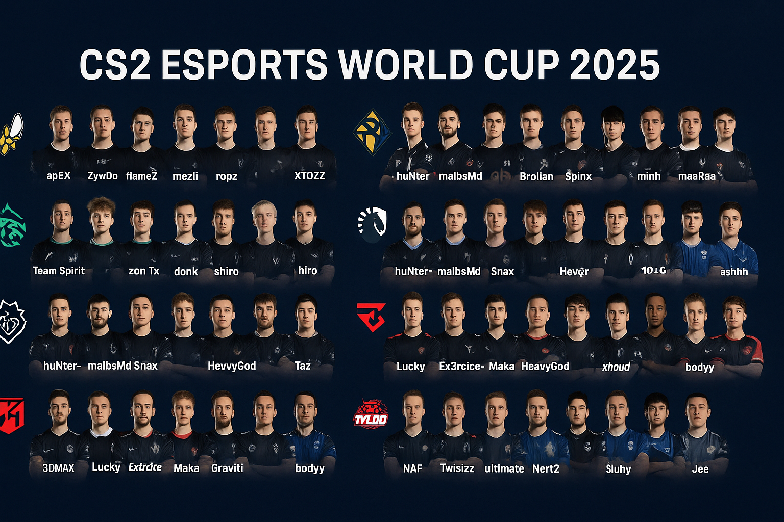 Jugadores de los equipos clasificados al CS2 Esports World Cup 2025 posando con sus camisetas oficiales.