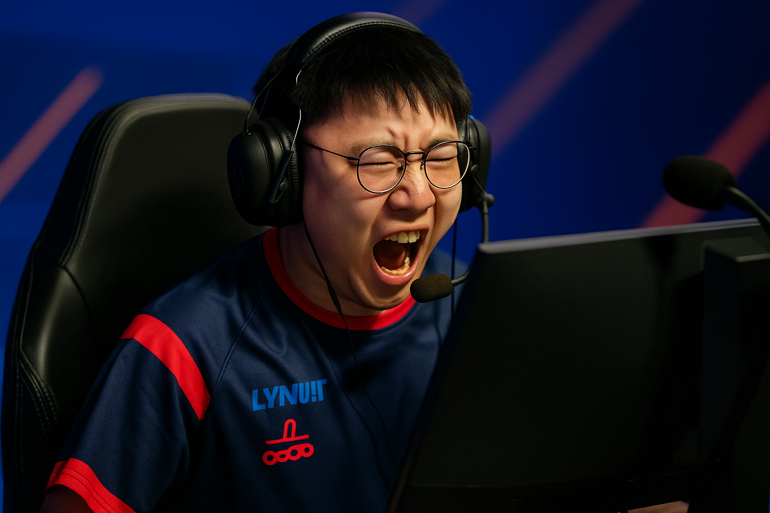 EmiliaQAQ celebrando con pasión durante una partida en el BLAST Major de CS2, usando camiseta de Lynn Vision.