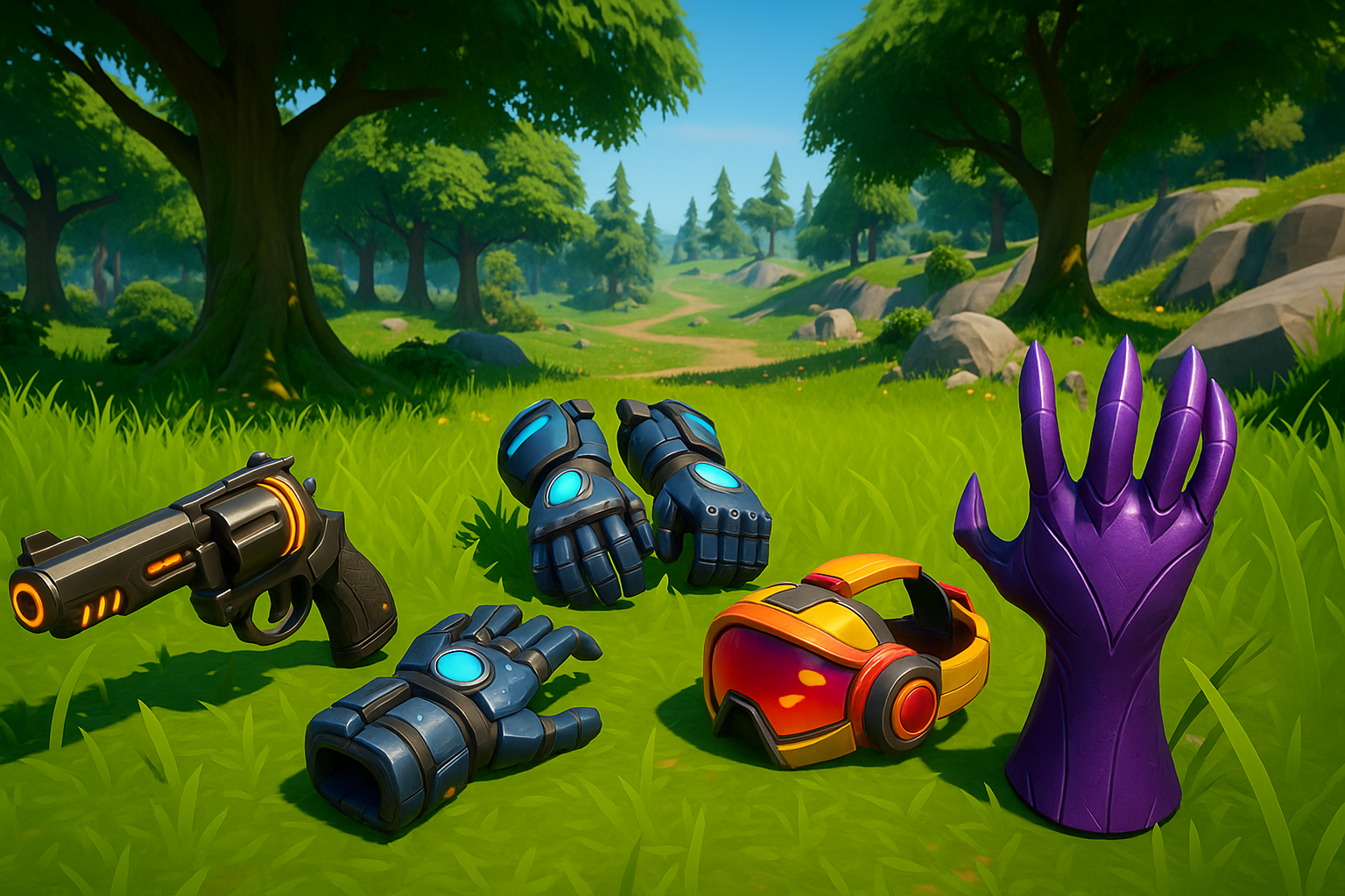 Equipamiento Supernova en Fortnite: revólver, guantes, visor y accesorios sobre un paisaje verde brillante.