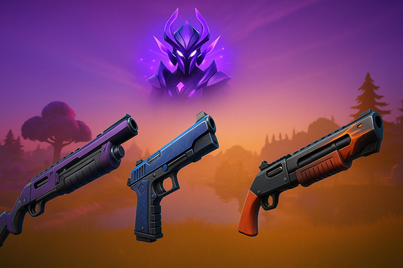 Armas exóticas inestables de Fortnite frente al paisaje al atardecer con el jefe Spire