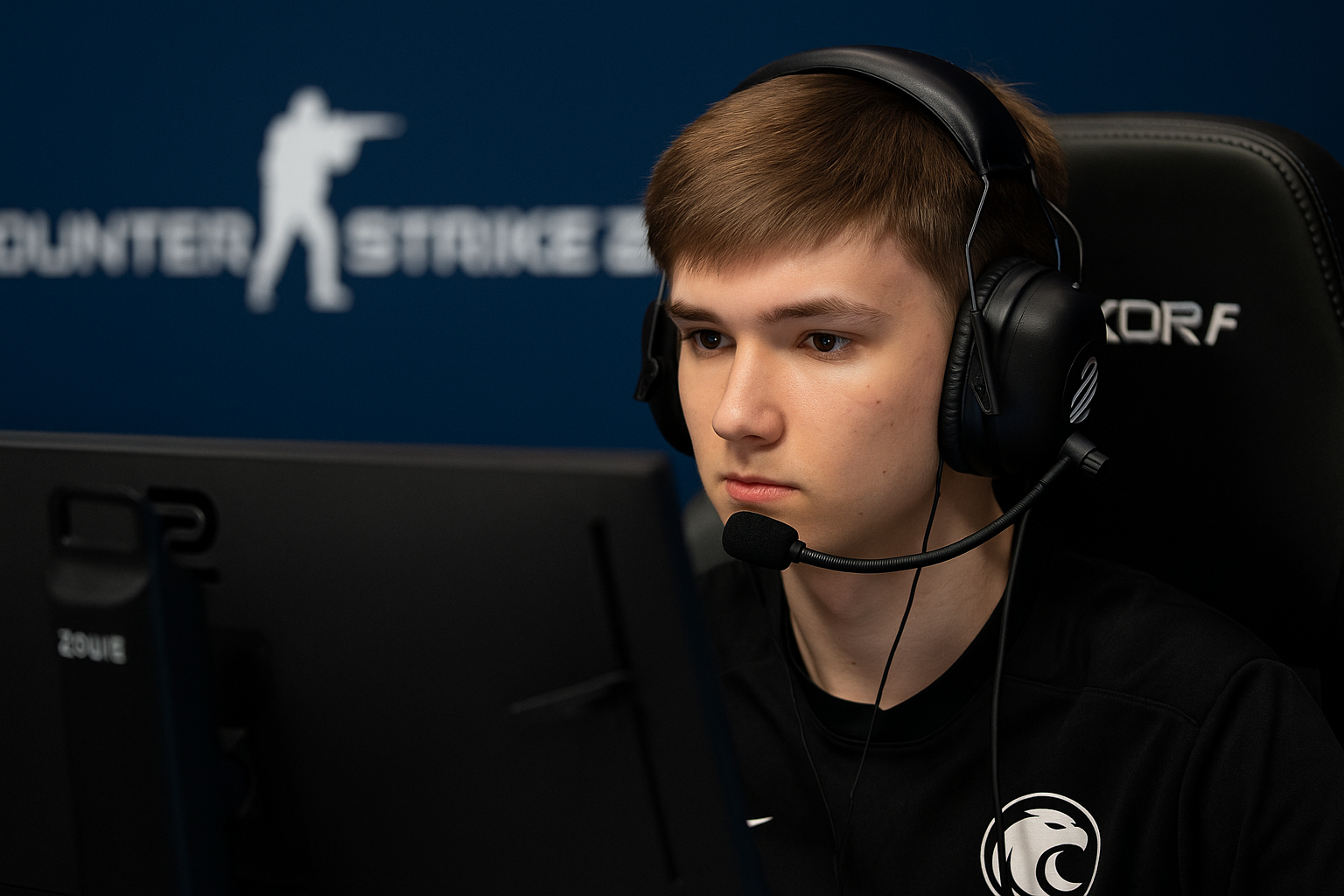 Jugador profesional de CS2 concentrado durante torneo con monitor ZOWIE