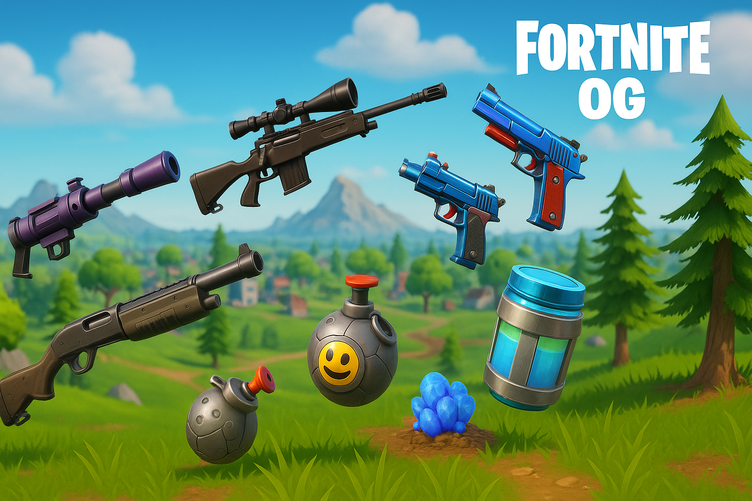 Armas clásicas de Fortnite OG sobre paisaje del mapa en temporada 4