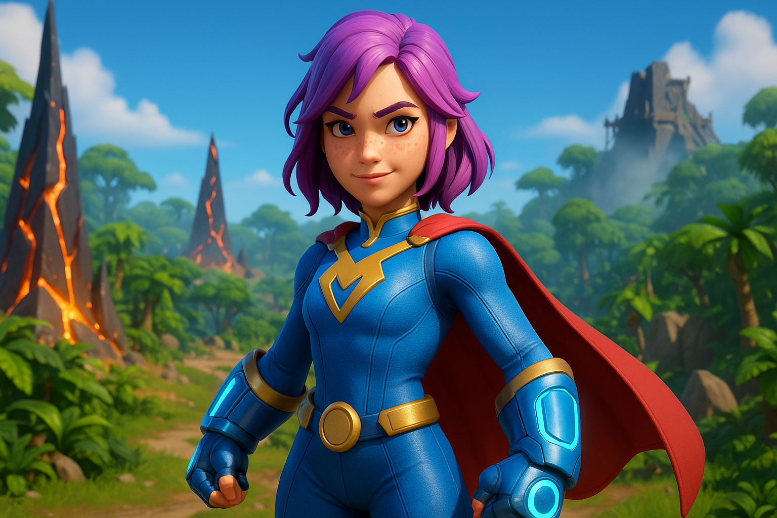 Morgan Myst en la jungla frente a los Picos ardientes de Fortnite