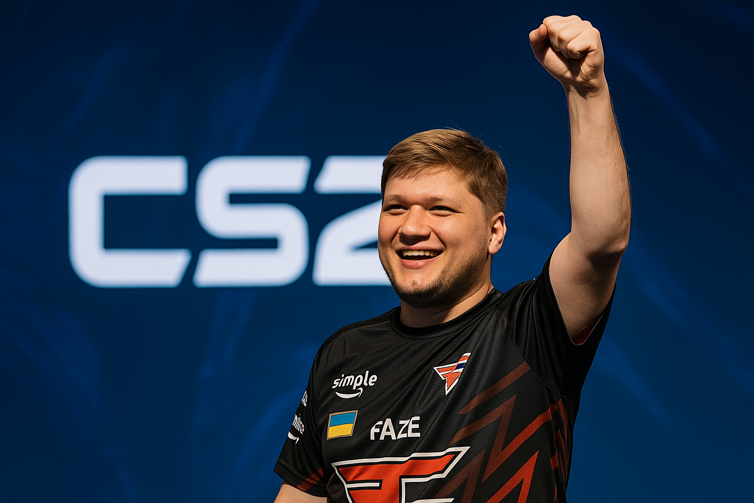 s1mple levantando el puño en el escenario con la camiseta de FaZe Clan durante el Major de CS2
