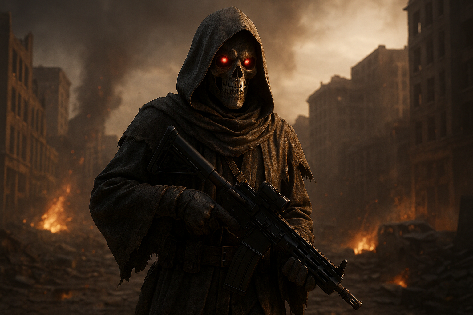 Figura del Grim Reaper con ojos rojos brillantes en ciudad destruida durante evento Rivales de BO6