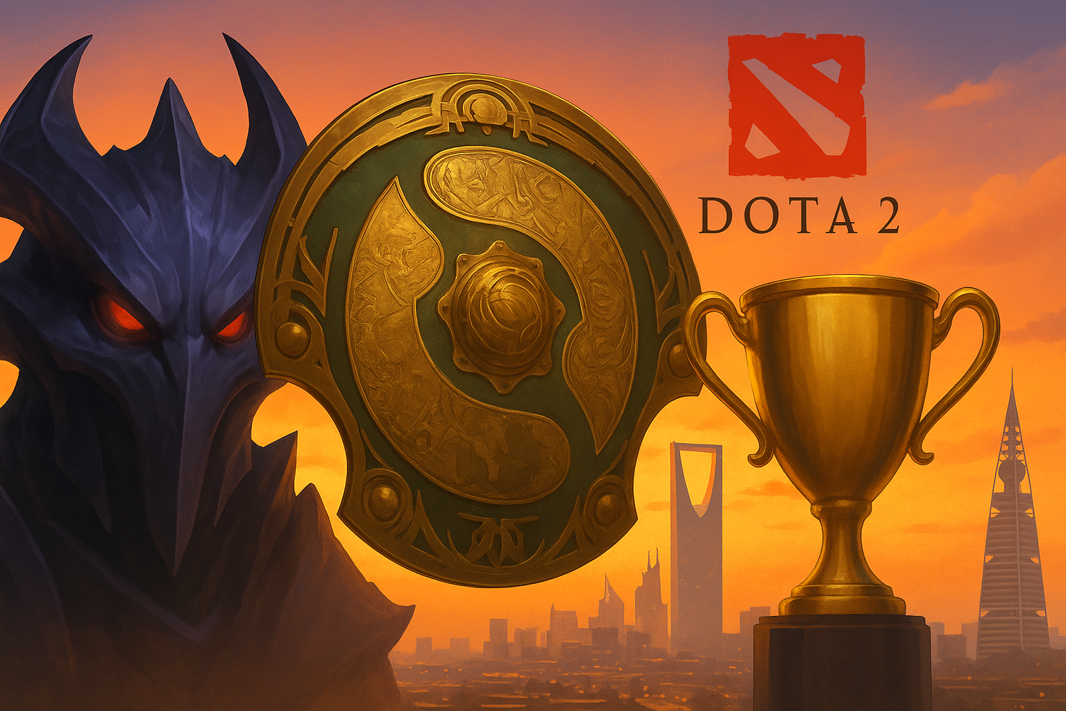 Ilustración de alto impacto para el torneo de Dota 2 en Riyadh, con trofeo y escudo emblemático al atardecer