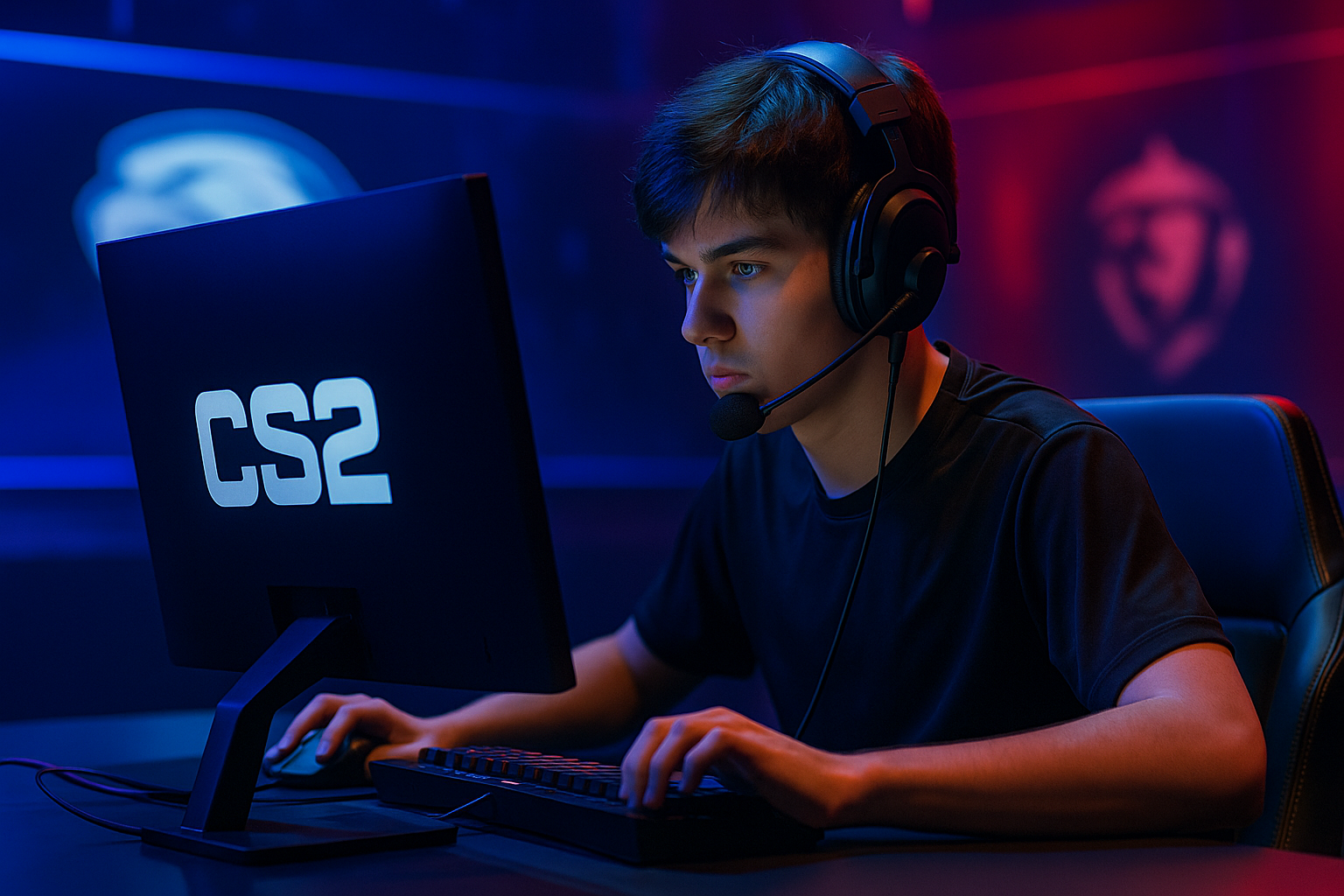 Jugador joven de CS2 concentrado en torneo profesional de esports