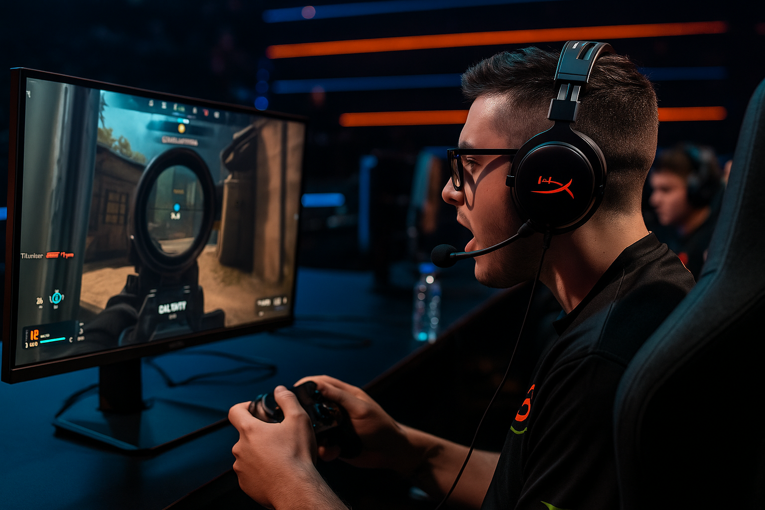 Jugador profesional de Call of Duty concentrado en torneo de esports