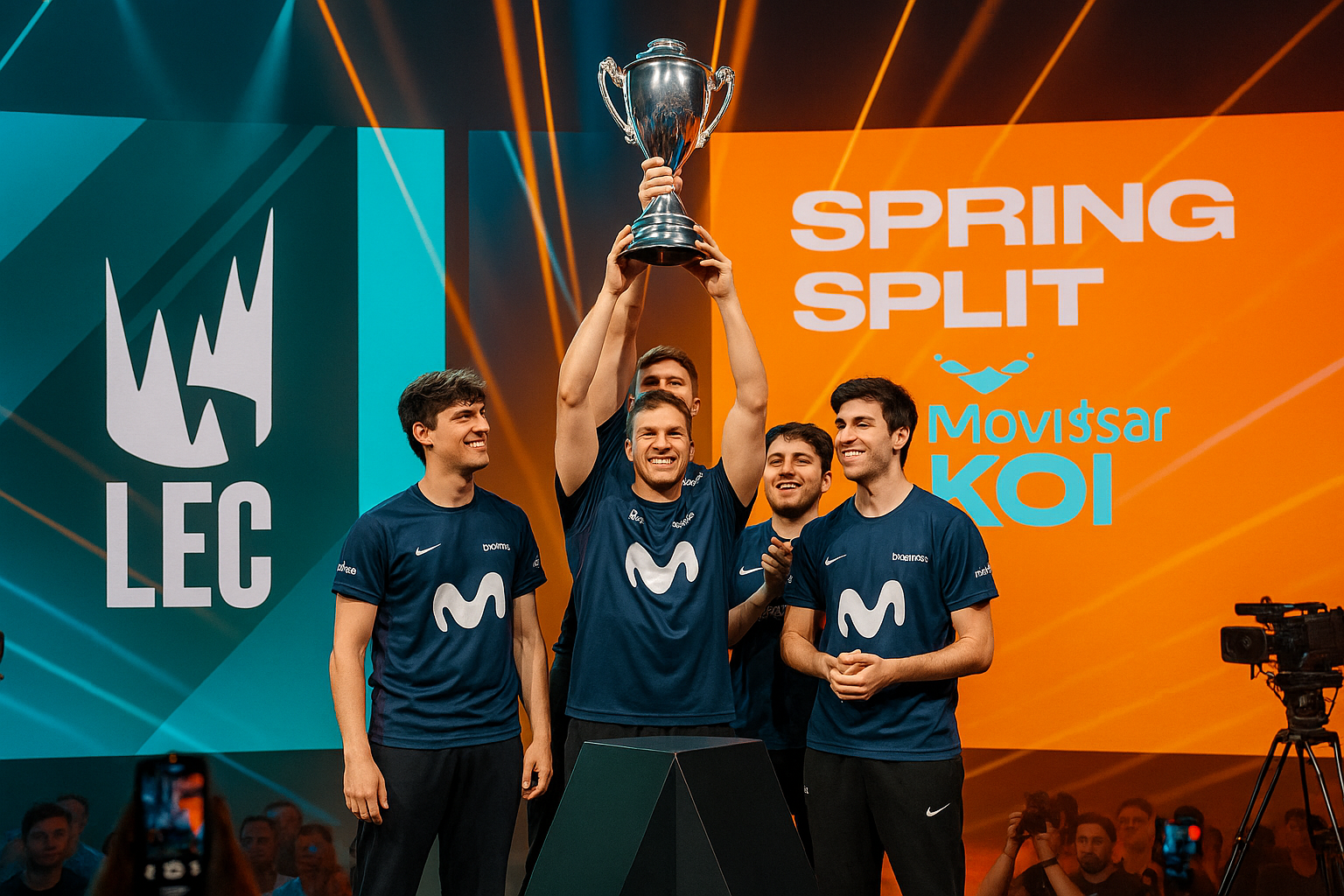 Jugadores de Movistar KOI celebrando con trofeo en escenario LEC