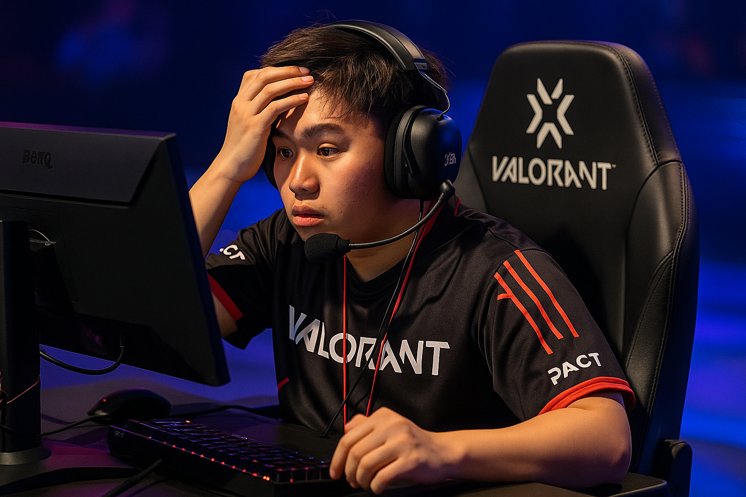 Jugador profesional de VALORANT concentrado en torneo con expresión preocupada