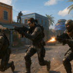Escena intensa de Black Ops 6 con operadores combatiendo en un mapa urbano vibrante