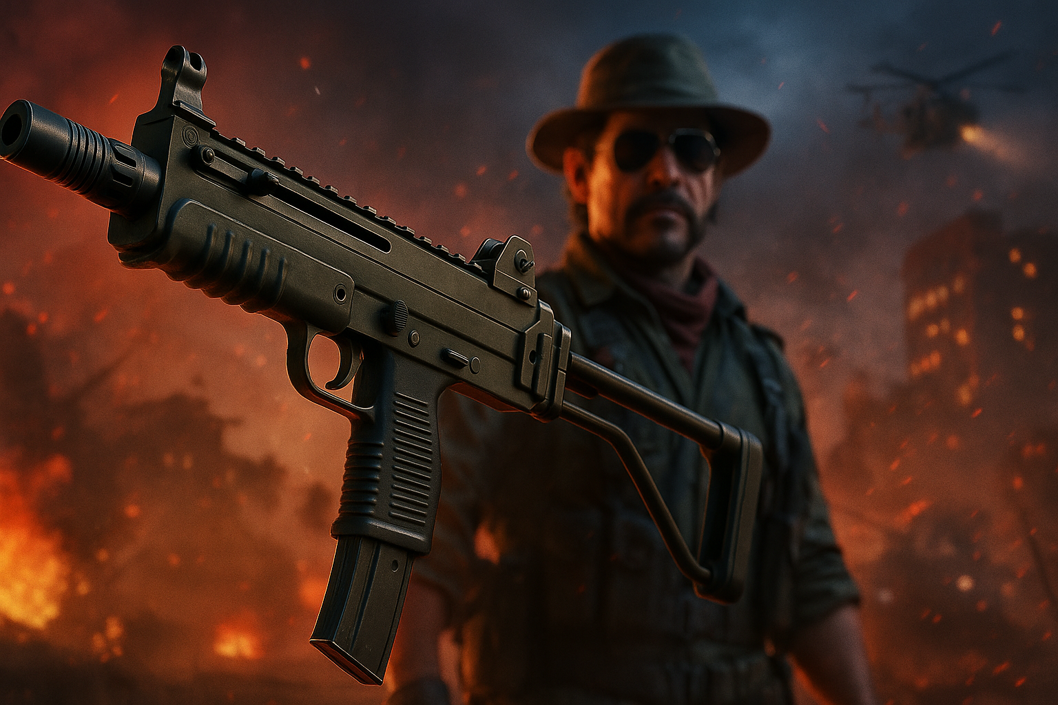 Ametralladora LC10 destacada con fondo de combate en Warzone