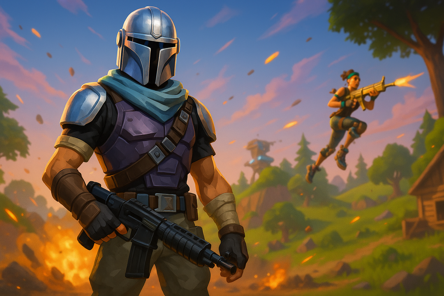 Personajes de Fortnite listos para el combate en un entorno explosivo
