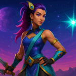 Guerrero cósmica inspirada en Iridia Vayne bajo un cielo estrellado