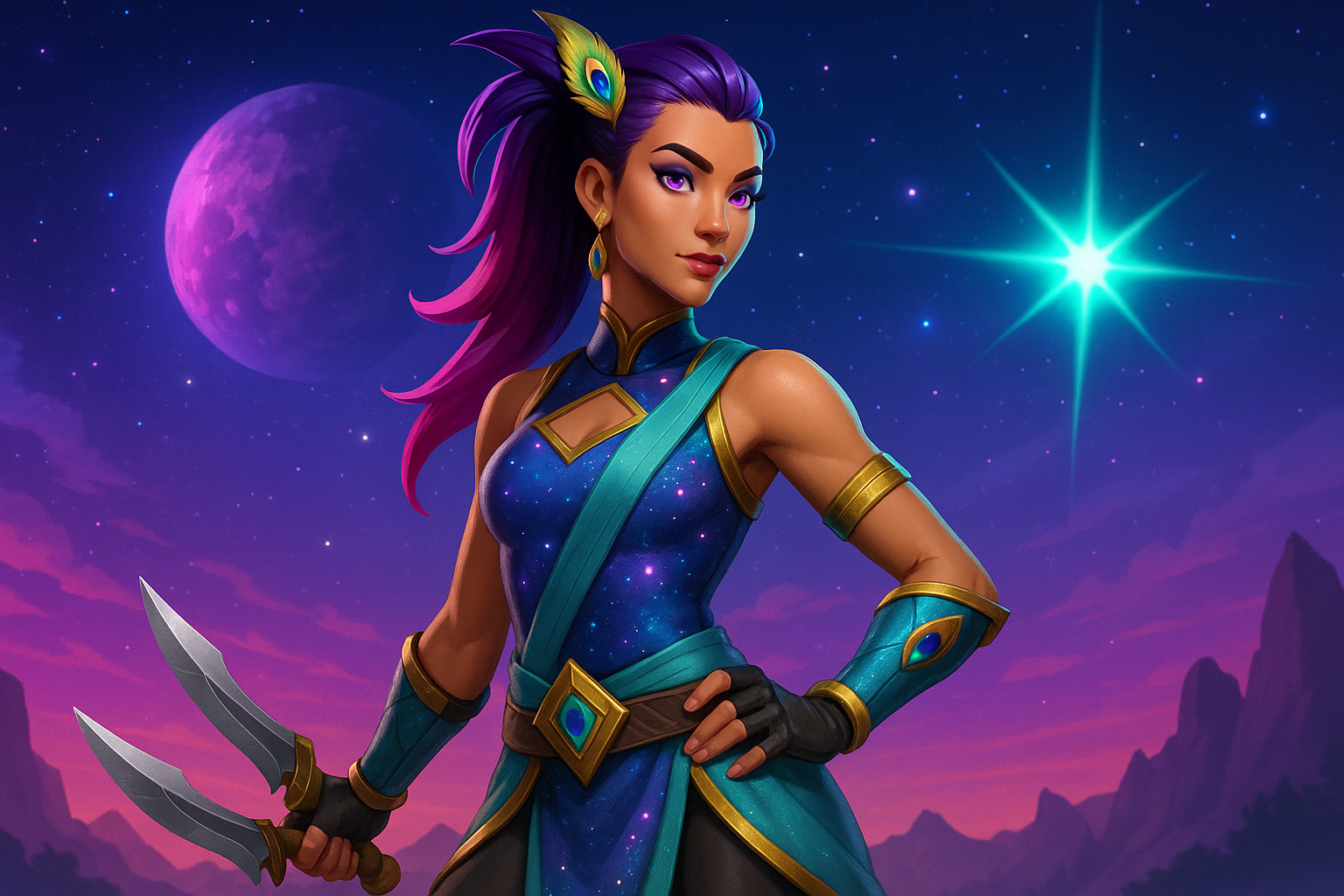 Guerrero cósmica inspirada en Iridia Vayne bajo un cielo estrellado