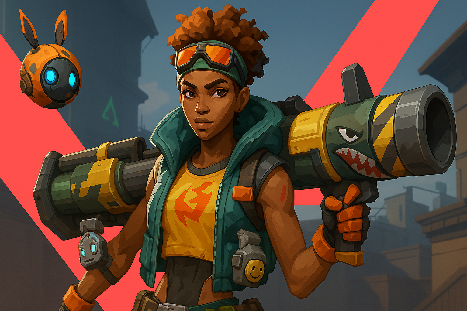 Raze lista para el combate con lanzacohetes y bot en mapa urbano