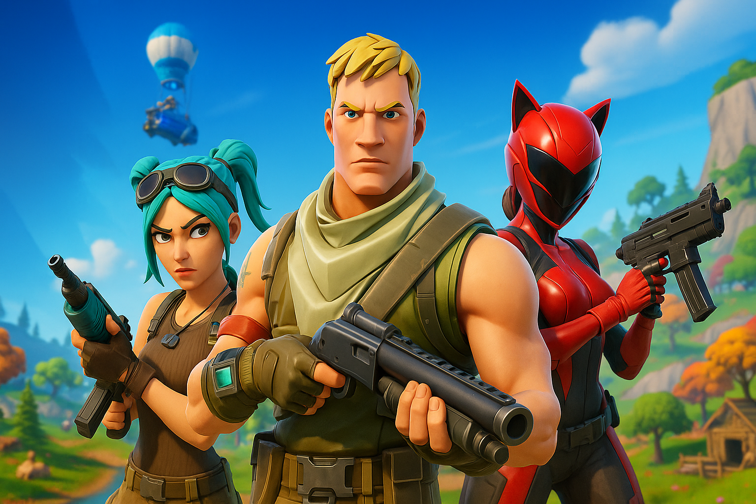 Personajes icónicos de Fortnite listos para una partida personalizada en un mapa colorido con el bus flotante al fondo.