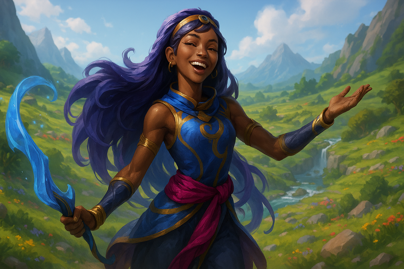 Nilah sonriendo con su arma en mano en un paisaje colorido de Runaterra, rodeada de montañas y flores.