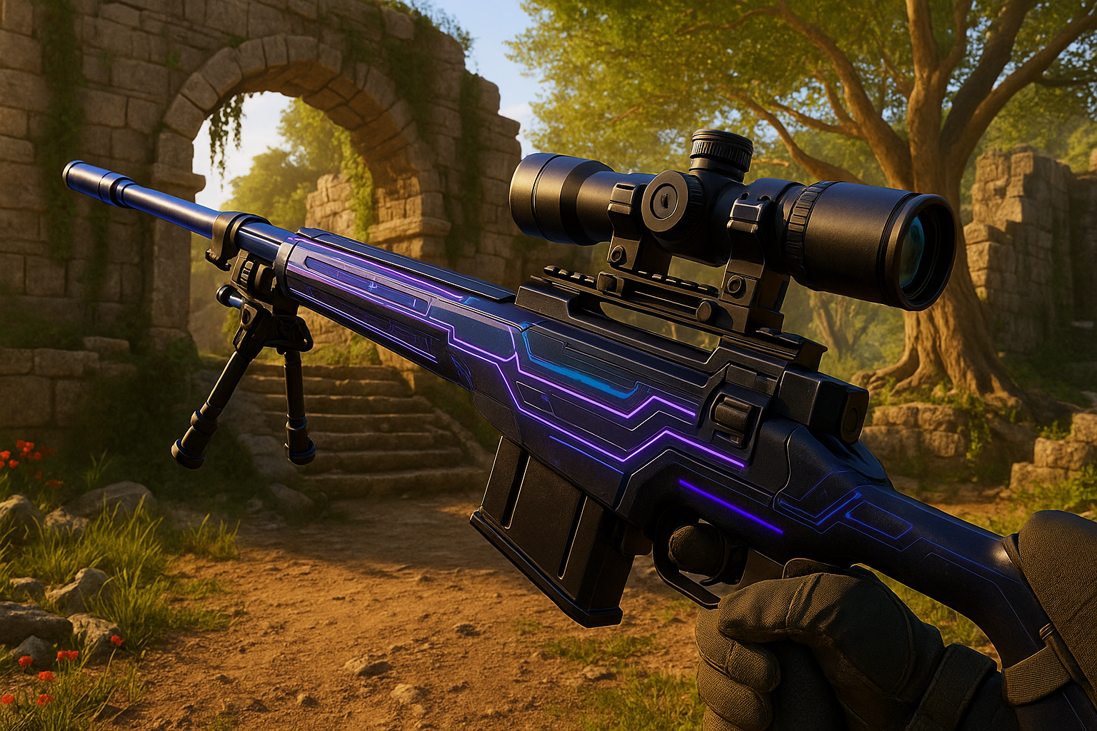 Rifle francotirador LR 7.62 con plano Star Traveler activado, en ruinas antiguas al atardecer.