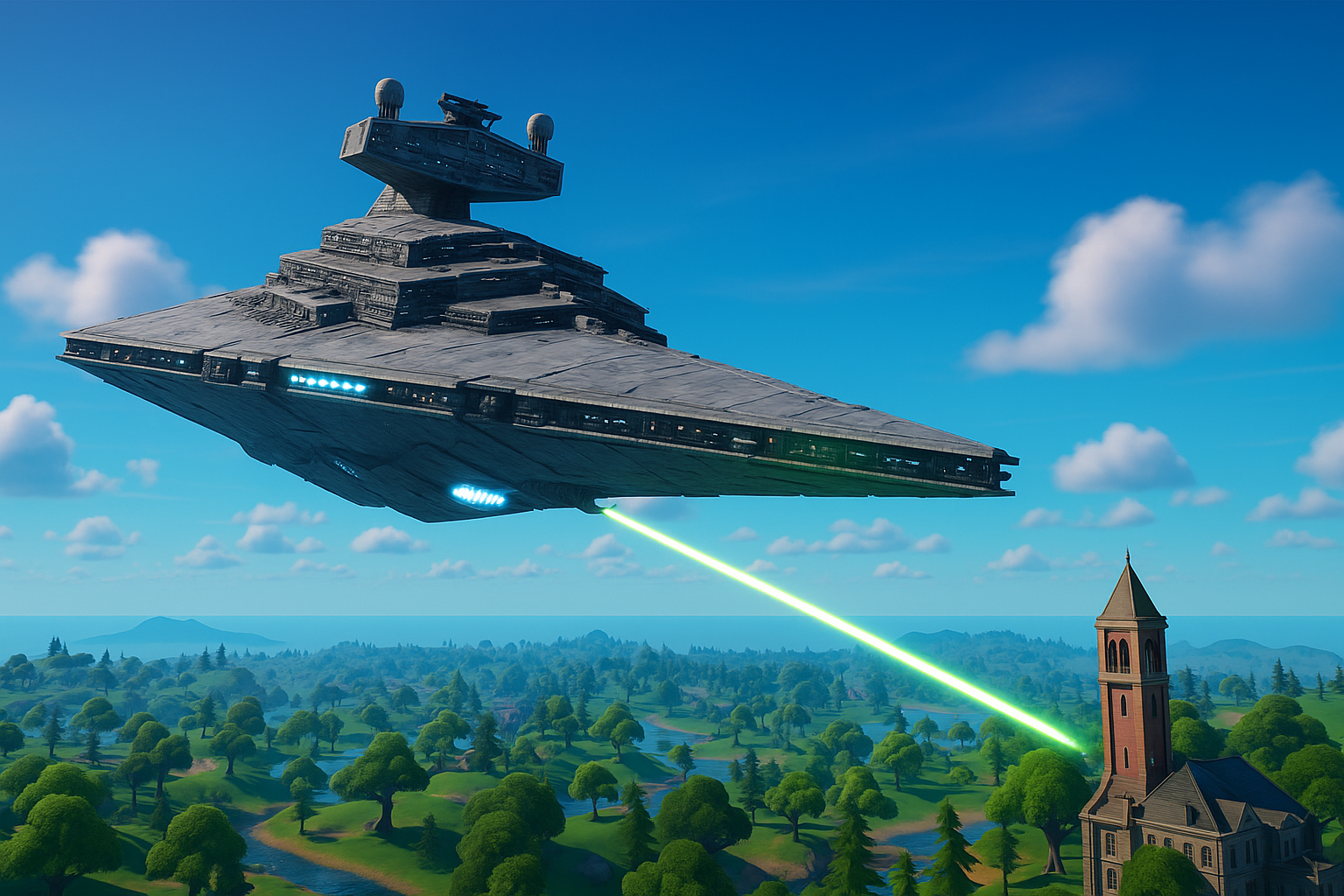 Destructor Estelar disparando un láser en Fortnite sobre el mapa del battle royale.