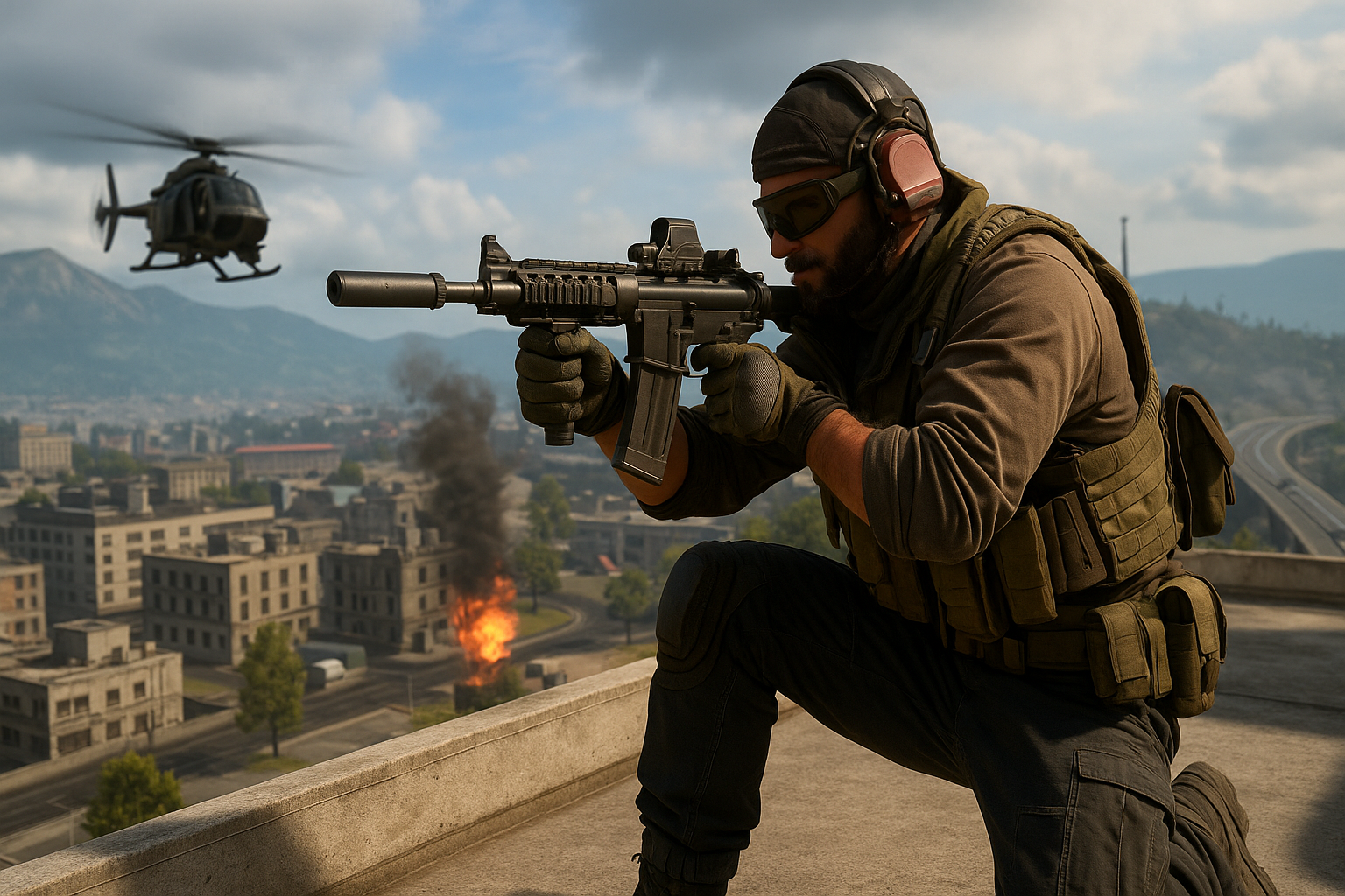 Soldado apuntando con fusil en un techo de Verdansk en Warzone