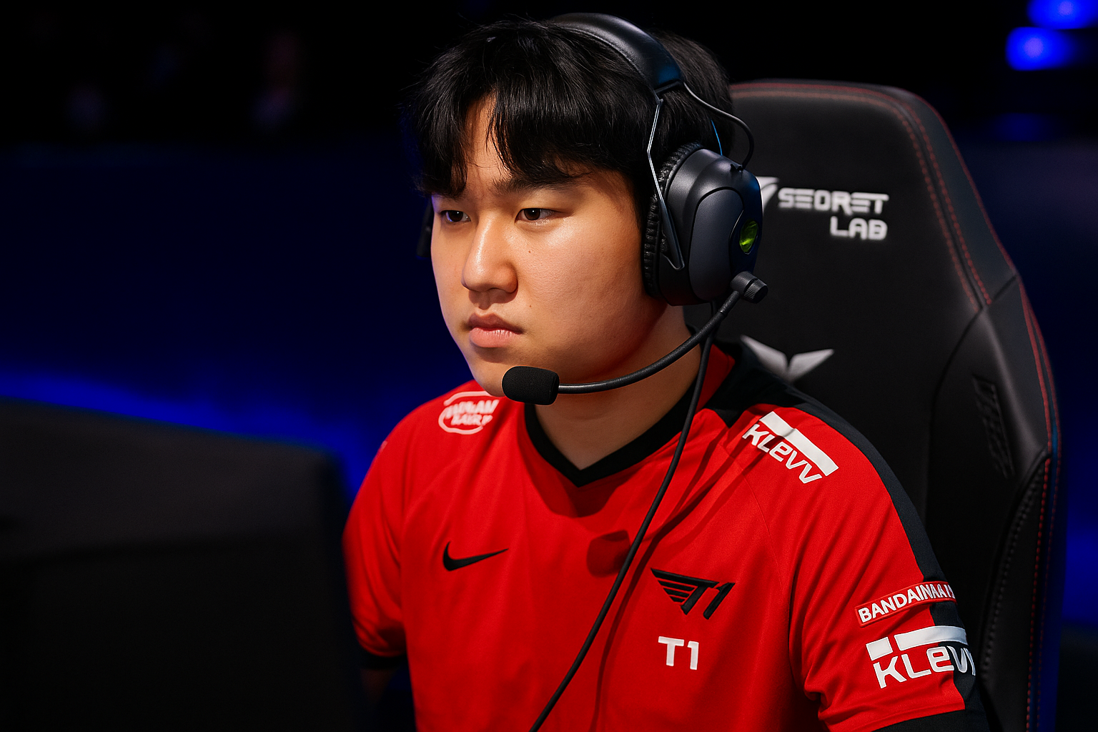 Jugador profesional de T1 en una partida de LCK, concentrado frente al monitor, usando audífonos con micrófono y camiseta roja del equipo.