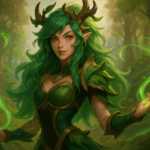 Campeona Yunara de League of Legends usando magia en un bosque encantado