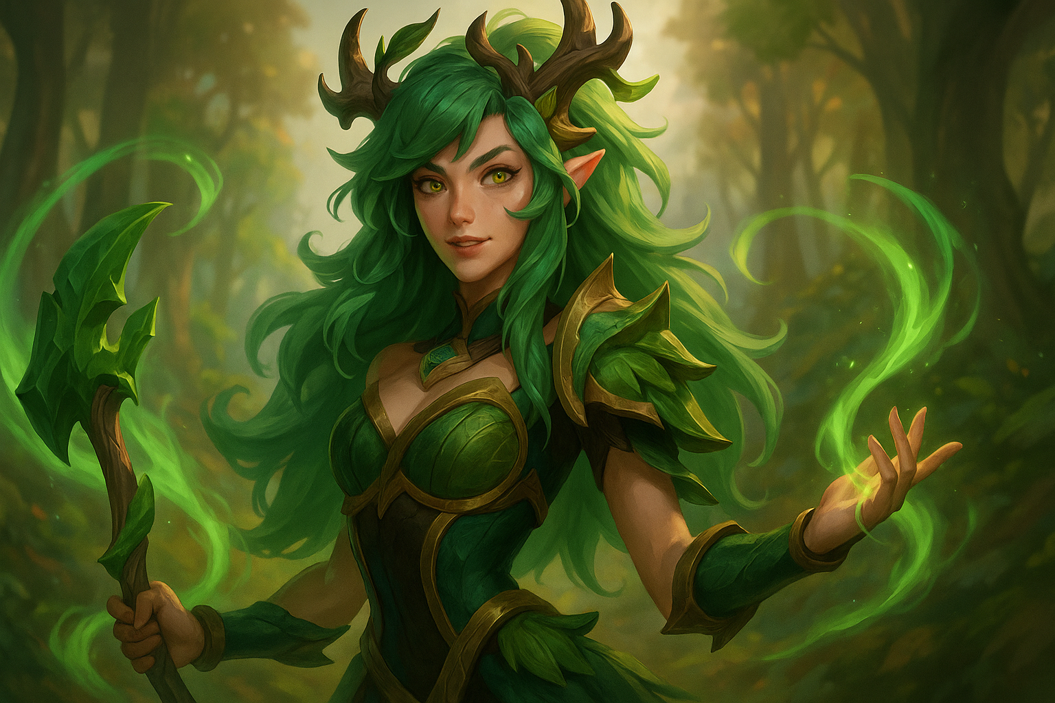 Campeona Yunara de League of Legends usando magia en un bosque encantado