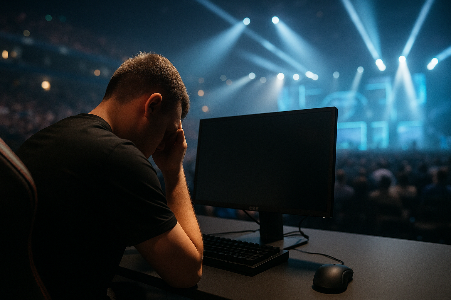 Jugador profesional de CS2 reflexionando frente a su computador en un estadio de esports antes de retirarse